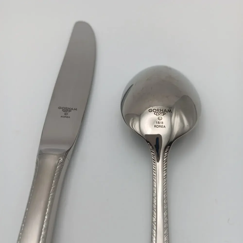 Gorham Ribbon Edge Satin Place Knife & Spoon Stainless 18/8 Flatware Korea NOS